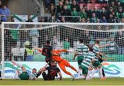 9 May 2025; Drogheda United goalkeeper Luke Dennison is beaten by Lee Grace of Shamrock Rovers, right, during the SSE Airtricity Men's Premier Division match between Shamrock Rovers and Drogheda United at Tallaght Stadium in Dublin. Photo by Thomas Flinkow/Sportsfile