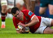 9 May 2025; Tom Farrell of Munster scores his side's fifth try during the United Rugby Championship match between Munster and Ulster at Thomond Park in Limerick. Photo by Brendan Moran/Sportsfile