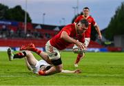 9 May 2025; Peter O'Mahony of Munster scores his side's sixth try during the United Rugby Championship match between Munster and Ulster at Thomond Park in Limerick. Photo by Brendan Moran/Sportsfile