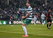 9 May 2025; Lee Grace of Shamrock Rovers celebrates after scoring his side's second goal during the SSE Airtricity Men's Premier Division match between Shamrock Rovers and Drogheda United at Tallaght Stadium in Dublin. Photo by David Fitzgerald/Sportsfile