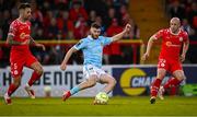 9 May 2025; Aidan Keena of St Patrick's Athletic in action against Ellis Chapman, left, and Kerr McInroy of Shelbourne during the SSE Airtricity Men's Premier Division match between Shelbourne and St Patrick's Athletic at Tolka Park in Dublin. Photo by Piaras Ó Mídheach/Sportsfile