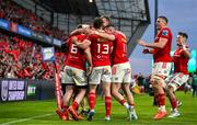 9 May 2025; Peter O'Mahony of Munster is congratulated by teammates after scoring their side's sixth try during the United Rugby Championship match between Munster and Ulster at Thomond Park in Limerick. Photo by Brendan Moran/Sportsfile