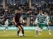 9 May 2025; Luke Heeney of Drogheda United in action against Darragh Nugent of Shamrock Rovers during the SSE Airtricity Men's Premier Division match between Shamrock Rovers and Drogheda United at Tallaght Stadium in Dublin. Photo by Thomas Flinkow/Sportsfile