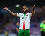 9 May 2025; Djenairo Daniels of Cork City celebrates after scoring his side's first goal during the SSE Airtricity Men's Premier Division match between Cork City and Derry City at Turner's Cross in Cork. Photo by Michael P Ryan/Sportsfile