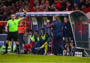 9 May 2025; Shelbourne manager Damien Duff is shown a yellow card by referee Kevin O'Sullivan during the SSE Airtricity Men's Premier Division match between Shelbourne and St Patrick's Athletic at Tolka Park in Dublin. Photo by Stephen McCarthy/Sportsfile