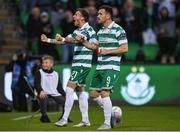 9 May 2025; Aaron Greene of Shamrock Rovers, right,  celebrates after scoring his side's first goal alongside team mate Danny Grant during the SSE Airtricity Men's Premier Division match between Shamrock Rovers and Drogheda United at Tallaght Stadium in Dublin. Photo by David Fitzgerald/Sportsfile