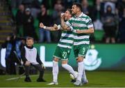 9 May 2025; Aaron Greene of Shamrock Rovers, right,  celebrates after scoring his side's first goal alongside team mate Danny Grant during the SSE Airtricity Men's Premier Division match between Shamrock Rovers and Drogheda United at Tallaght Stadium in Dublin. Photo by David Fitzgerald/Sportsfile