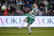 9 May 2025; Aaron Greene of Shamrock Rovers shoots to score his side's first goal during the SSE Airtricity Men's Premier Division match between Shamrock Rovers and Drogheda United at Tallaght Stadium in Dublin. Photo by David Fitzgerald/Sportsfile