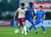 9 May 2025; Moses Dyer of Galway United in action against James Olayinka of Waterford during the SSE Airtricity Men's Premier Division match between Waterford and Galway United at the Regional Sports Centre in Waterford. Photo by Matt Browne/Sportsfile