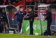 9 May 2025; Shelbourne manager Damien Duff remonstrates with fourth official Oliver Moran during the SSE Airtricity Men's Premier Division match between Shelbourne and St Patrick's Athletic at Tolka Park in Dublin. Photo by Stephen McCarthy/Sportsfile