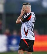 9 May 2025; Keith Ward of Dundalk reacts to a missed opportunity on goal during the SSE Airtricity Men's First Division match between Dundalk and Bray Wanderers at Oriel Park in Dundalk, Louth. Photo by Tyler Miller/Sportsfile