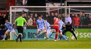 9 May 2025; Kerr McInroy of Shelbourne scores his side's second goal during the SSE Airtricity Men's Premier Division match between Shelbourne and St Patrick's Athletic at Tolka Park in Dublin. Photo by Stephen McCarthy/Sportsfile