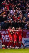 9 May 2025; Shelbourne players celebrate after Kerr McInroy scored their second goal during the SSE Airtricity Men's Premier Division match between Shelbourne and St Patrick's Athletic at Tolka Park in Dublin. Photo by Stephen McCarthy/Sportsfile