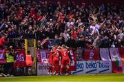 9 May 2025; Shelbourne players celebrate after Kerr McInroy scored their second goal during the SSE Airtricity Men's Premier Division match between Shelbourne and St Patrick's Athletic at Tolka Park in Dublin. Photo by Stephen McCarthy/Sportsfile