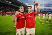 9 May 2025; Alex Nankivell, left, and Conor Murray of Munster celebrate after the United Rugby Championship match between Munster and Ulster at Thomond Park in Limerick. Photo by Brendan Moran/Sportsfile