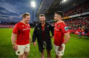 9 May 2025; Munster players, from left, Stephen Archer, Peter O'Mahony and Conor Murray, after playing their last game for Munster in Thomond Park, after the United Rugby Championship match between Munster and Ulster at Thomond Park in Limerick. Photo by Brendan Moran/Sportsfile