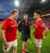 9 May 2025; Munster players, from left, Stephen Archer, Peter O'Mahony and Conor Murray, after playing their last game for Munster in Thomond Park, after the United Rugby Championship match between Munster and Ulster at Thomond Park in Limerick. Photo by Brendan Moran/Sportsfile