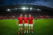9 May 2025; Munster players, from left, Peter O'Mahony, Conor Murray and Stephen Archer after playing their last game for Munster in Thomond Park, following the United Rugby Championship match between Munster and Ulster at Thomond Park in Limerick. Photo by Brendan Moran/Sportsfile