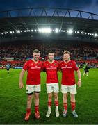 9 May 2025; Munster players, from left, Peter O'Mahony, Conor Murray and Stephen Archer after playing their last game for Munster in Thomond Park, following the United Rugby Championship match between Munster and Ulster at Thomond Park in Limerick. Photo by Brendan Moran/Sportsfile