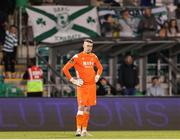9 May 2025; Drogheda United goalkeeper Luke Dennison reacts after conceding his third goal during the SSE Airtricity Men's Premier Division match between Shamrock Rovers and Drogheda United at Tallaght Stadium in Dublin. Photo by Thomas Flinkow/Sportsfile
