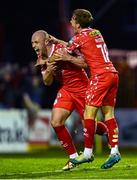 9 May 2025; Kerr McInroy of Shelbournes, left, celebrates with team-mate James Norris after scoring their side's second and winning goal during the SSE Airtricity Men's Premier Division match between Shelbourne and St Patrick's Athletic at Tolka Park in Dublin. Photo by Piaras Ó Mídheach/Sportsfile