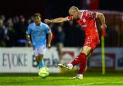 9 May 2025; Kerr McInroy of Shelbournes scores his side's second and winning goal during the SSE Airtricity Men's Premier Division match between Shelbourne and St Patrick's Athletic at Tolka Park in Dublin. Photo by Piaras Ó Mídheach/Sportsfile