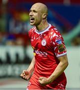 9 May 2025; Kerr McInroy of Shelbournes celebrates scoring his side's second and winning goal during the SSE Airtricity Men's Premier Division match between Shelbourne and St Patrick's Athletic at Tolka Park in Dublin. Photo by Piaras Ó Mídheach/Sportsfile