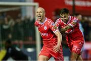 9 May 2025; Kerr McInroy of Shelbournes, left, celebrates with team-mate Ellis Chapman after scoring their side's second and winning goal during the SSE Airtricity Men's Premier Division match between Shelbourne and St Patrick's Athletic at Tolka Park in Dublin. Photo by Piaras Ó Mídheach/Sportsfile