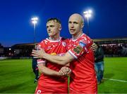 9 May 2025; Shelbourne's Kerr McInroy, right, and JJ Lunney celebrate after the SSE Airtricity Men's Premier Division match between Shelbourne and St Patrick's Athletic at Tolka Park in Dublin. Photo by Stephen McCarthy/Sportsfile