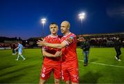 9 May 2025; Shelbourne's Kerr McInroy, right, and JJ Lunney celebrate after the SSE Airtricity Men's Premier Division match between Shelbourne and St Patrick's Athletic at Tolka Park in Dublin. Photo by Stephen McCarthy/Sportsfile