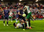 9 May 2025; Milan Mbeng of Cork City in action against Robbie Benson of Derry City during the SSE Airtricity Men's Premier Division match between Cork City and Derry City at Turner's Cross in Cork. Photo by Michael P Ryan/Sportsfile
