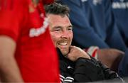 9 May 2025; Peter O'Mahony of Munster reacts on the bench as the supporters sing his name in the closing stages of the United Rugby Championship match between Munster and Ulster at Thomond Park in Limerick. Photo by Brendan Moran/Sportsfile