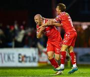 9 May 2025; Kerr McInroy of Shelbournes, left, celebrates with team-mate James Norris after scoring their side's second and winning goal during the SSE Airtricity Men's Premier Division match between Shelbourne and St Patrick's Athletic at Tolka Park in Dublin. Photo by Piaras Ó Mídheach/Sportsfile