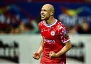 9 May 2025; Kerr McInroy of Shelbournes celebrates scoring his side's second and winning goal during the SSE Airtricity Men's Premier Division match between Shelbourne and St Patrick's Athletic at Tolka Park in Dublin. Photo by Piaras Ó Mídheach/Sportsfile