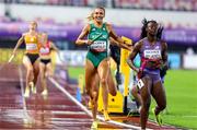 10 May 2025; Sharlene Mawdsley of Ireland reacts after crossing the line to finish second in the mixed 4x400m and qualify for the 2025 Tokyo World Athletics Championships during day one of the 2025 World Athletics Relays at Guangdong Olympic Stadium in Guangzhou, China. Photo by Nikola Krstic/Sportsfile
