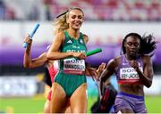 10 May 2025; Sharlene Mawdsley of Ireland, left, reacts after finishing second in the mixed 4x400m and qualifying for the 2025 Tokyo World Athletics Championships during day one of the 2025 World Athletics Relays at Guangdong Olympic Stadium in Guangzhou, China. Photo by Nikola Krstic/Sportsfile