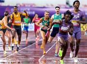 10 May 2025; Sharlene Mawdsley of Ireland, left, reacts after finishing second in the mixed 4x400m and qualifying for the 2025 Tokyo World Athletics Championships during day one of the 2025 World Athletics Relays at Guangdong Olympic Stadium in Guangzhou, China. Photo by Nikola Krstic/Sportsfile