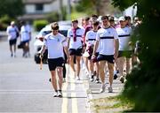 10 May 2025; Galway hurlers Conor Whelan, left, and Daithí Burke walk with team-mates to the stadium from their hotel before the Leinster GAA Hurling Senior Championship Round 3 match between Galway and Wexford at Pearse Stadium in Galway. Photo by Piaras Ó Mídheach/Sportsfile