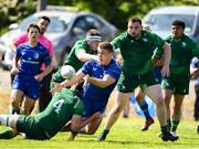 10 May 2025; Dylan Lynch of Leinster is tackled by Liam McNamee of Connacht during the Junior Interprovincial Rugby Championship Round 2 match between Leinster and Connacht at Balbriggan RFC in Balbriggan, Dublin. Photo by Matt Browne/Sportsfile
