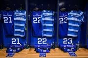 10 May 2025; The jerseys of Leinster players, from left, Jamison Gibson-Park, Ciarán Frawley and Robbie Henshaw in the dressingroom before the United Rugby Championship match between Leinster and Zebre Parma at the Aviva Stadium in Dublin. Photo by Brendan Moran/Sportsfile