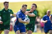 10 May 2025; Eoghan Duffy of Leinster is tackled by Liam Jones of Connacht during the Junior Interprovincial Rugby Championship Round 2 match between Leinster and Connacht at Balbriggan RFC in Balbriggan, Dublin. Photo by Matt Browne/Sportsfile