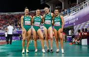 10 May 2025; Sophie Becker, left, with, from left to right, Lauren Cadden, Rachel McCann and Phil Healy of Ireland, after finishing third in the women's 4x400m during day one of the 2025 World Athletics Relays at Guangdong Olympic Stadium in Guangzhou, China. Photo by Nikola Krstic/Sportsfile