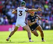 10 May 2025; Lee Chin of Wexford in action against Fintan Burke of Galway during the Leinster GAA Hurling Senior Championship Round 3 match between Galway and Wexford at Pearse Stadium in Galway. Photo by Piaras Ó Mídheach/Sportsfile