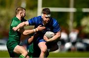 10 May 2025; Graham Reynolds of Leinster is tackled by Dean O'Reilly and Brian Diffley of Connacht during the Junior Interprovincial Rugby Championship Round 2 match between Leinster and Connacht at Balbriggan RFC in Balbriggan, Dublin. Photo by Matt Browne/Sportsfile