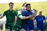 10 May 2025; Eoghan Duffy of Leinster is tackled by Dean O'Reilly of Connacht during the Junior Interprovincial Rugby Championship Round 2 match between Leinster and Connacht at Balbriggan RFC in Balbriggan, Dublin. Photo by Matt Browne/Sportsfile