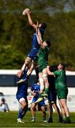 10 May 2025; Jake Caldbeck of Leinster takes the ball in the lineout against Connacht during the Junior Interprovincial Rugby Championship Round 2 match between Leinster and Connacht at Balbriggan RFC in Balbriggan, Dublin. Photo by Matt Browne/Sportsfile