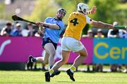 10 May 2025; Cian O'Sullivan of Dublin shoots to score his side's first goal despite the efforts of Paddy Burke of Antrim during the Leinster GAA Hurling Senior Championship Round 3 match between Antrim and Dublin at Corrigan Park in Belfast. Photo by Tyler Miller/Sportsfile