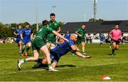 10 May 2025; Dewald Barnard of Leinster scores the 9th try during the Junior Interprovincial Rugby Championship Round 2 match between Leinster and Connacht at Balbriggan RFC in Balbriggan, Dublin. Photo by Matt Browne/Sportsfile