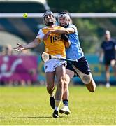 10 May 2025; Scott Walsh of Antrim is tackled by Paddy Dunleavy of Dublin during the Leinster GAA Hurling Senior Championship Round 3 match between Antrim and Dublin at Corrigan Park in Belfast. Photo by Tyler Miller/Sportsfile