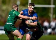 10 May 2025; Graham Reynolds of Leinster is tackled by Dean O'Reilly and Brian Diffley of Connacht during the Junior Interprovincial Rugby Championship Round 2 match between Leinster and Connacht at Balbriggan RFC in Balbriggan, Dublin. Photo by Matt Browne/Sportsfile